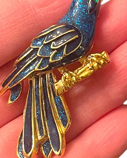 Lovely gold finish Blue enameled fancy bird brooch