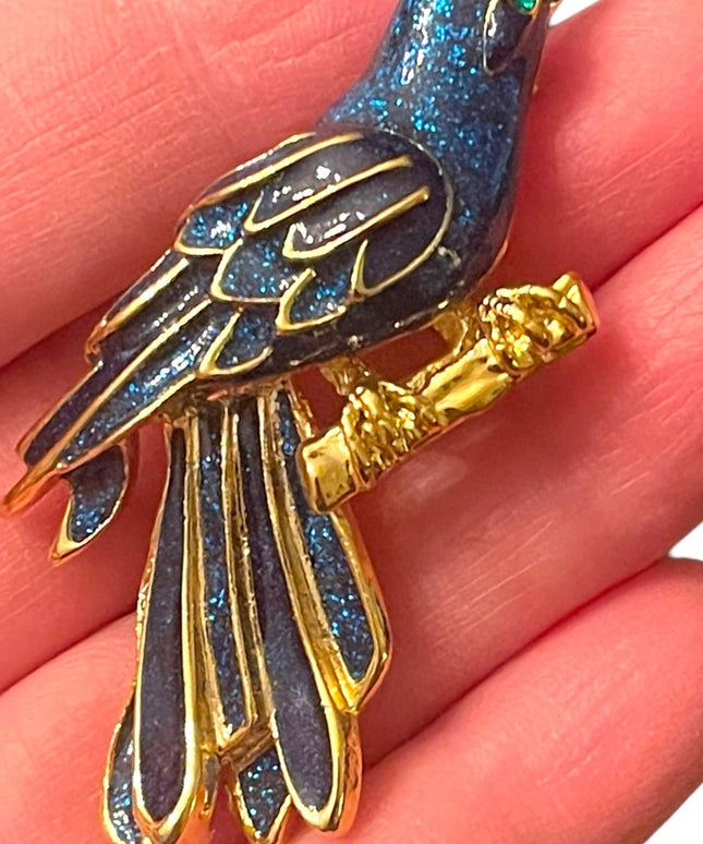 Lovely gold finish Blue enameled fancy bird brooch