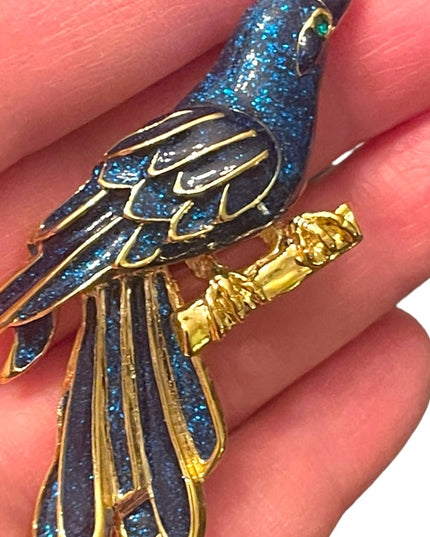 Lovely gold finish Blue enameled fancy bird brooch
