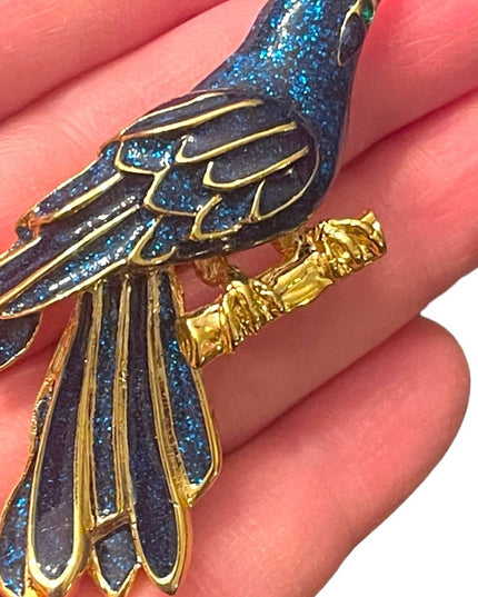 Lovely gold finish Blue enameled fancy bird brooch
