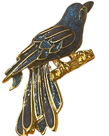 Lovely gold finish Blue enameled fancy bird brooch