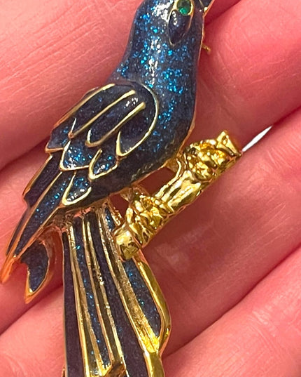 Lovely gold finish Blue enameled fancy bird brooch