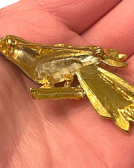 Lovely gold finish Blue enameled fancy bird brooch