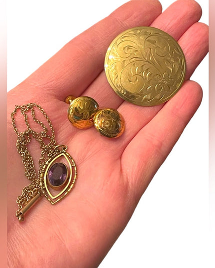 Vintage Sterling silver GF Gold filled Lot brooch Necklace earrings Etched