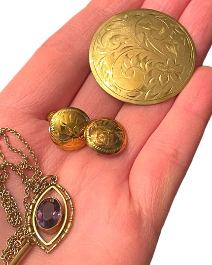 Vintage Sterling silver GF Gold filled Lot brooch Necklace earrings Etched