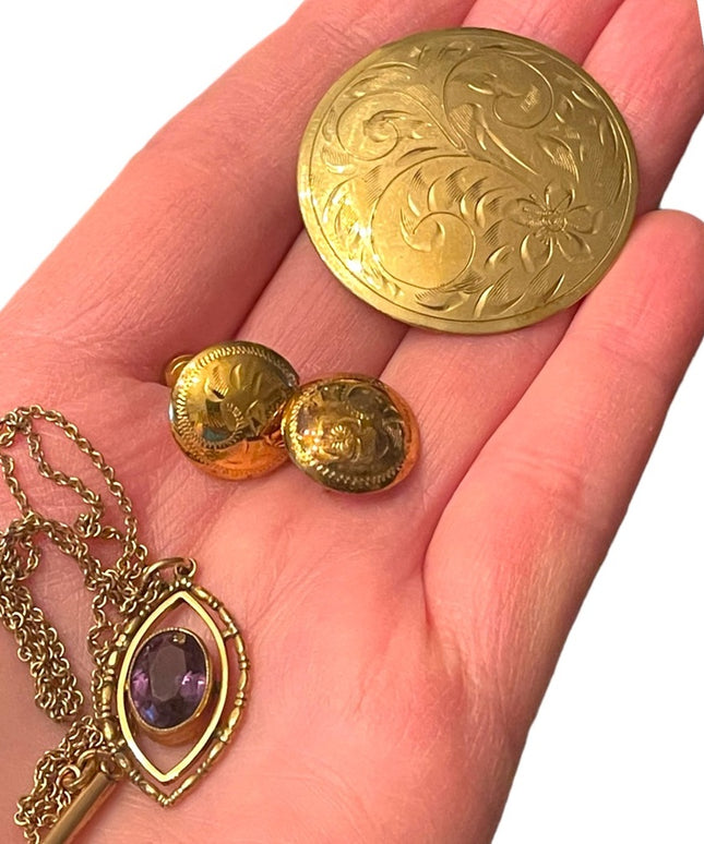 Vintage Sterling silver GF Gold filled Lot brooch Necklace earrings Etched