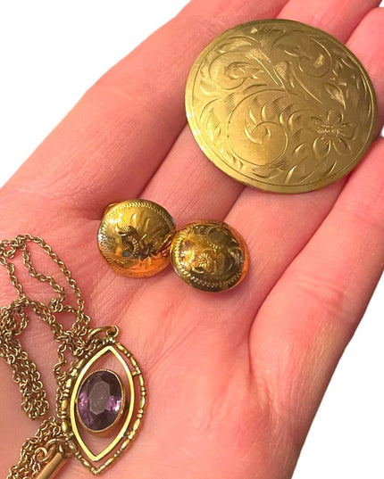Vintage Sterling silver GF Gold filled Lot brooch Necklace earrings Etched