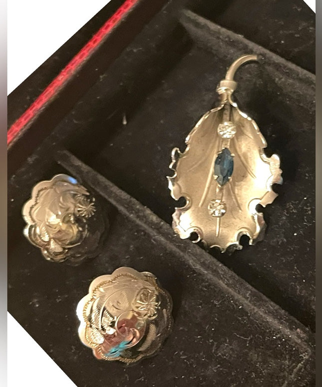 Vintage Sterling silver leaf brooch w blue crystal screw back earrings Boyd Bond