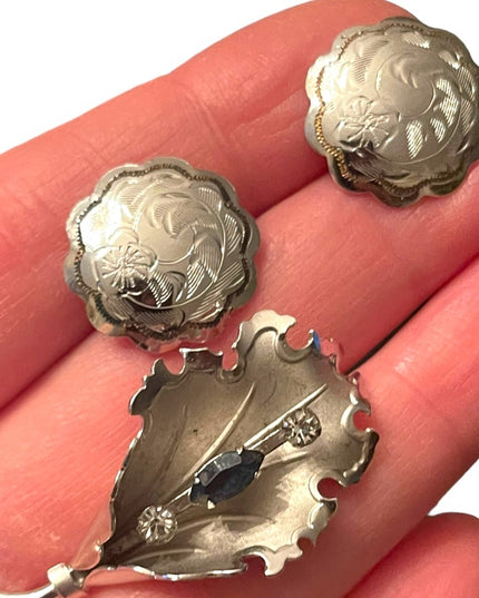 Vintage Sterling silver leaf brooch w blue crystal screw back earrings Boyd Bond