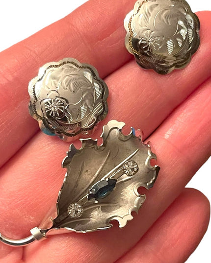 Vintage Sterling silver leaf brooch w blue crystal screw back earrings Boyd Bond