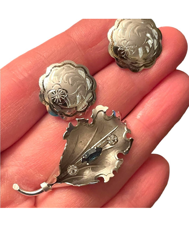 Vintage Sterling silver leaf brooch w blue crystal screw back earrings Boyd Bond
