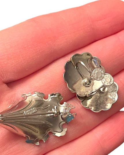 Vintage Sterling silver leaf brooch w blue crystal screw back earrings Boyd Bond