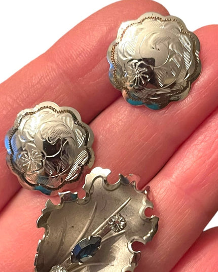 Vintage Sterling silver leaf brooch w blue crystal screw back earrings Boyd Bond