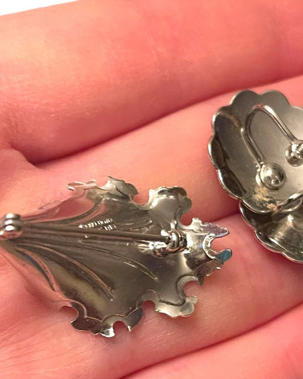 Vintage Sterling silver leaf brooch w blue crystal screw back earrings Boyd Bond