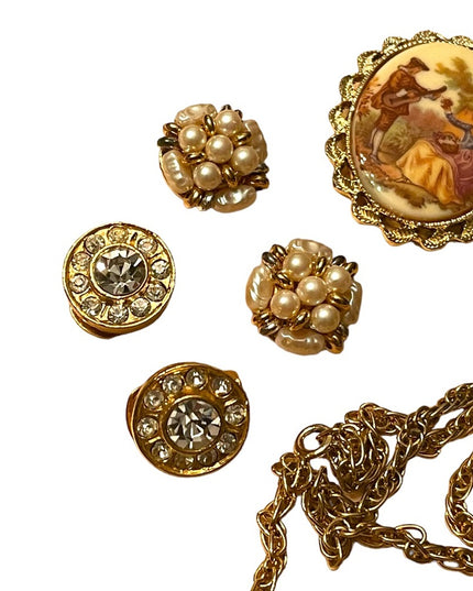 Vintage Lot Cameo earrings necklace hankerchief Gerrys Celebrity Rhinestones