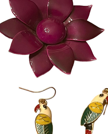 Vintage Jewelry Lot Purple Metal flower Parrot earrings Faux pearl Necklace 925