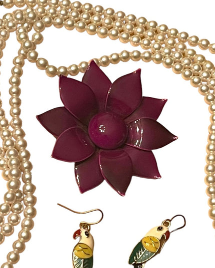 Vintage Jewelry Lot Purple Metal flower Parrot earrings Faux pearl Necklace 925