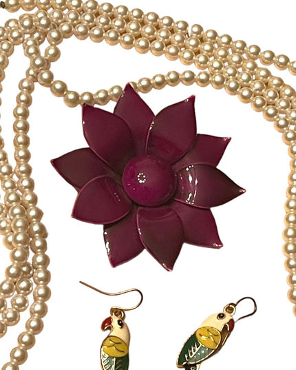 Vintage Jewelry Lot Purple Metal flower Parrot earrings Faux pearl Necklace 925