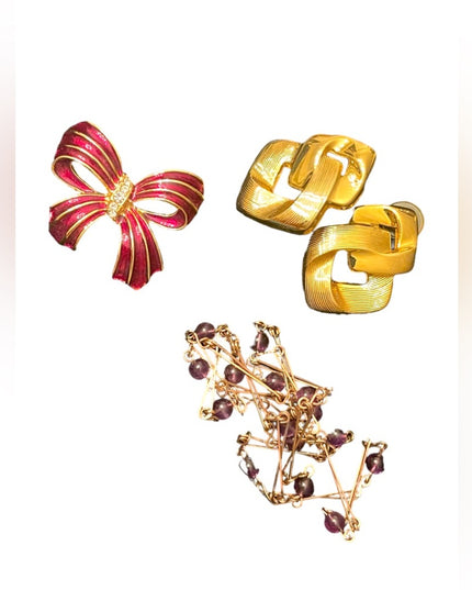 Vintage Jewelry LOT Red bow enameled brooch fancy gold earrings amethyst link