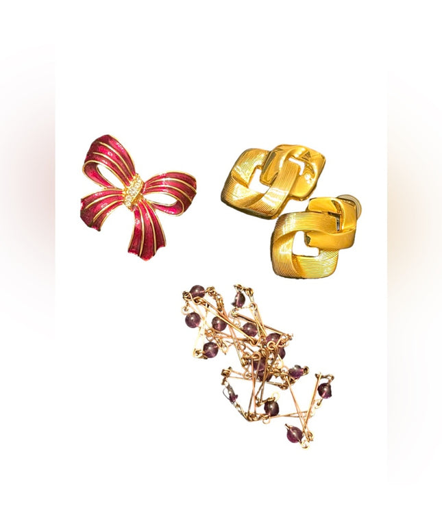 Vintage Jewelry LOT Red bow enameled brooch fancy gold earrings amethyst link