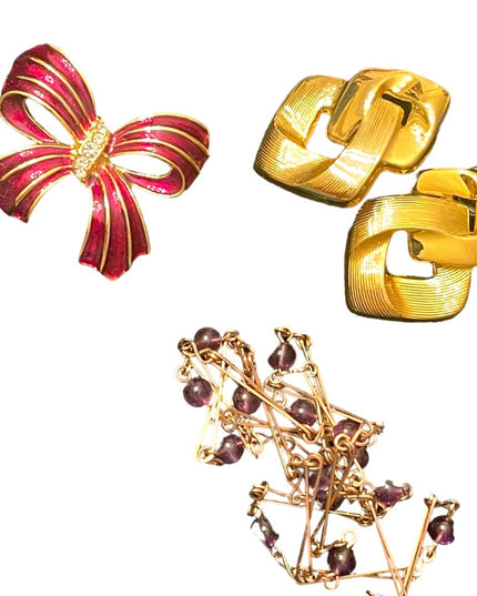 Vintage Jewelry LOT Red bow enameled brooch fancy gold earrings amethyst link