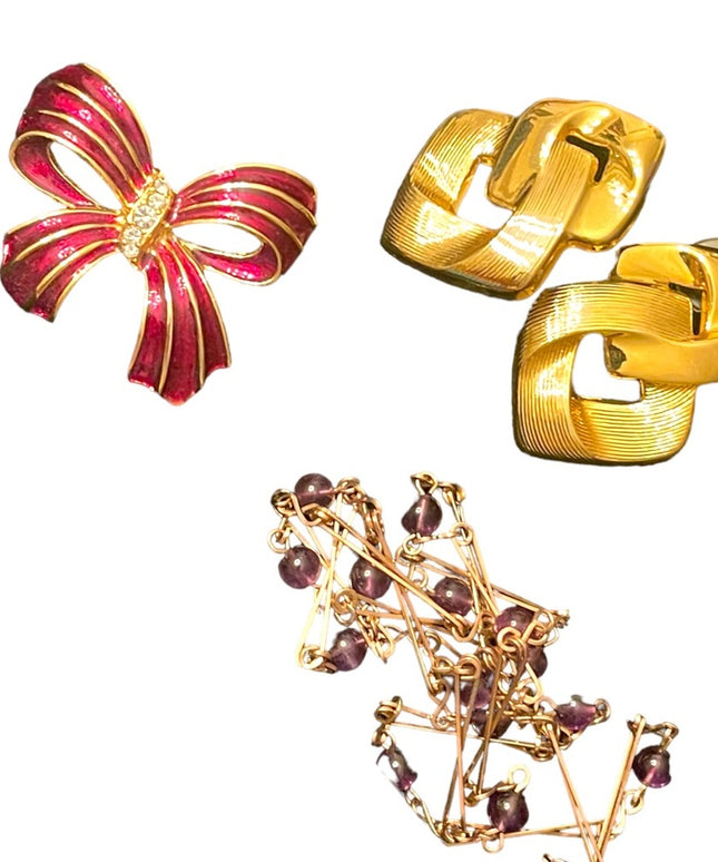 Vintage Jewelry LOT Red bow enameled brooch fancy gold earrings amethyst link
