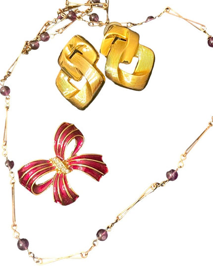 Vintage Jewelry LOT Red bow enameled brooch fancy gold earrings amethyst link