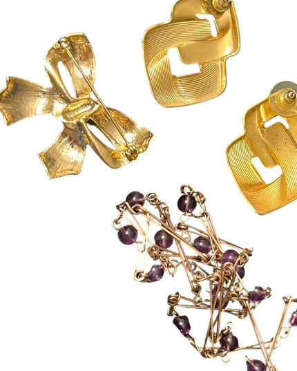 Vintage Jewelry LOT Red bow enameled brooch fancy gold earrings amethyst link