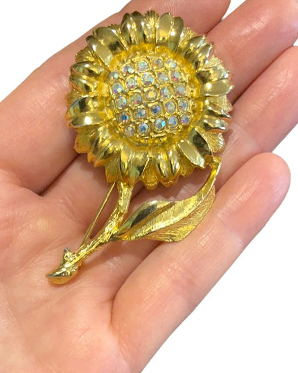Fancy Gold finish Flower with crystals brooch Large