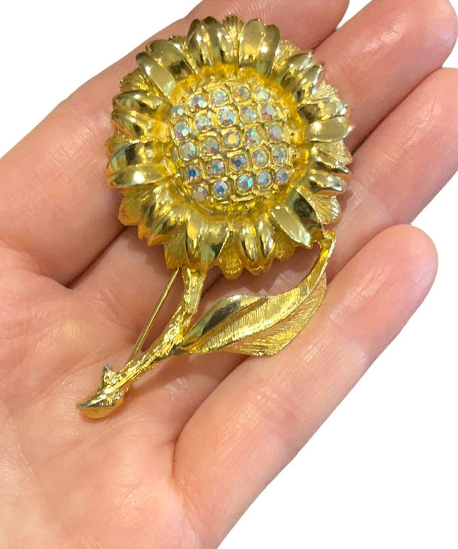 Fancy Gold finish Flower with crystals brooch Large
