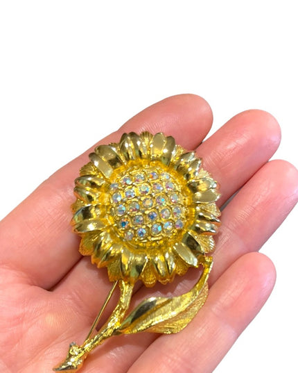 Fancy Gold finish Flower with crystals brooch Large