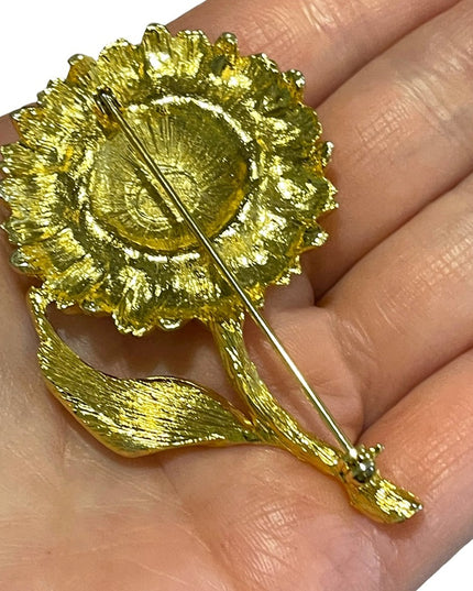 Fancy Gold finish Flower with crystals brooch Large