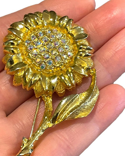 Fancy Gold finish Flower with crystals brooch Large
