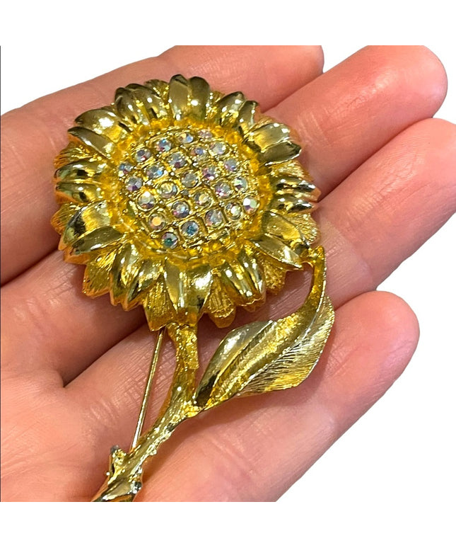 Fancy Gold finish Flower with crystals brooch Large