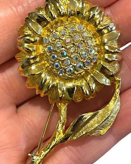 Fancy Gold finish Flower with crystals brooch Large