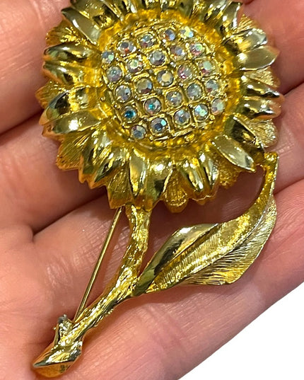 Fancy Gold finish Flower with crystals brooch Large