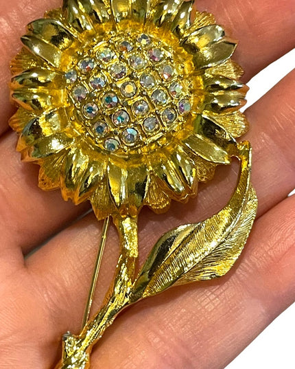 Fancy Gold finish Flower with crystals brooch Large