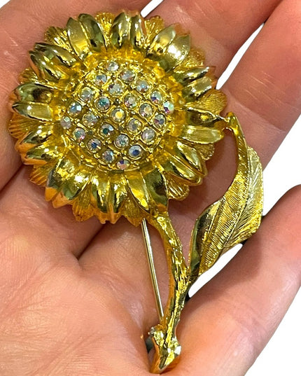 Fancy Gold finish Flower with crystals brooch Large