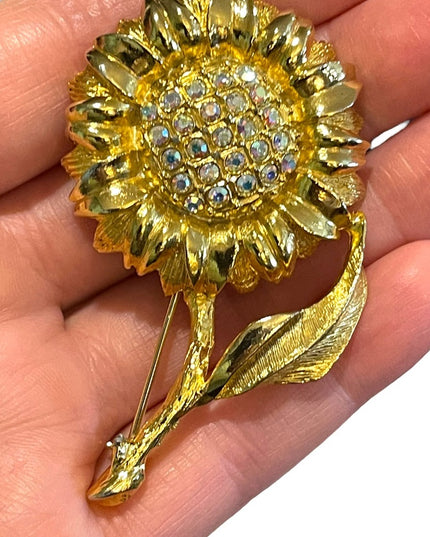 Fancy Gold finish Flower with crystals brooch Large