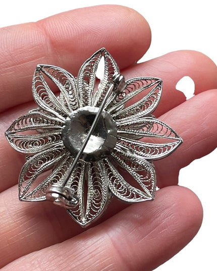 Vintage silver ornate filagree flower brooch china export