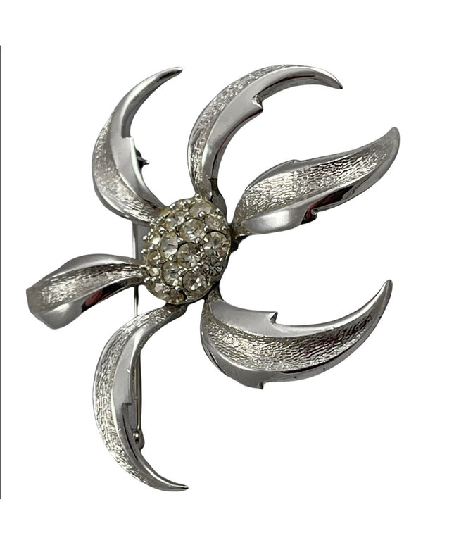 Vintage Boucher brushed silver rhinestone brooch 2” flower