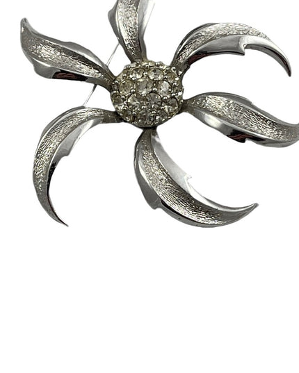 Vintage Boucher brushed silver rhinestone brooch 2” flower