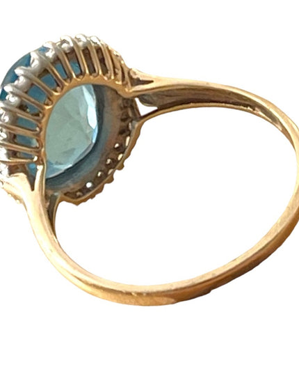 Stunning Vintage 10k Yellow Gold Large London Blue Topaz & Diamond ring
