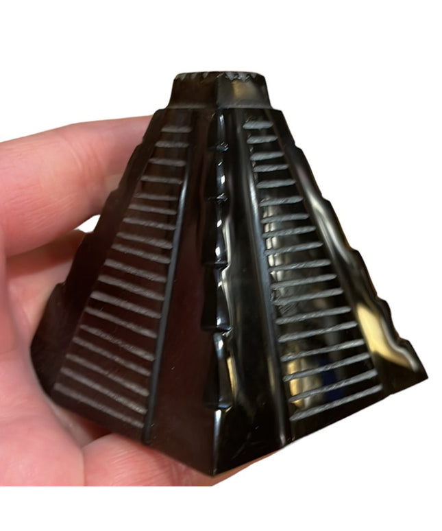 Vintage Black Onyx Hand carved Mexico Mayan Aztec Pyramid statue