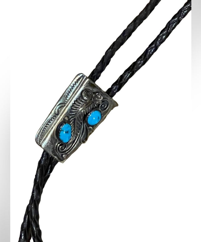 Vintage 1950s Sterling silver Turquoise Signed Navajo Bolo Tie Hand made
