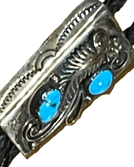 Vintage 1950s Sterling silver Turquoise Signed Navajo Bolo Tie Hand made
