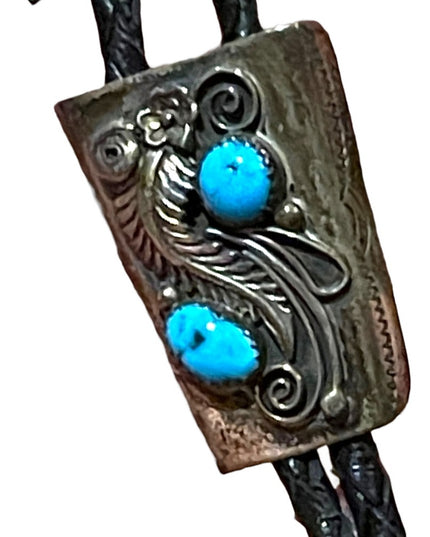 Vintage 1950s Sterling silver Turquoise Signed Navajo Bolo Tie Hand made