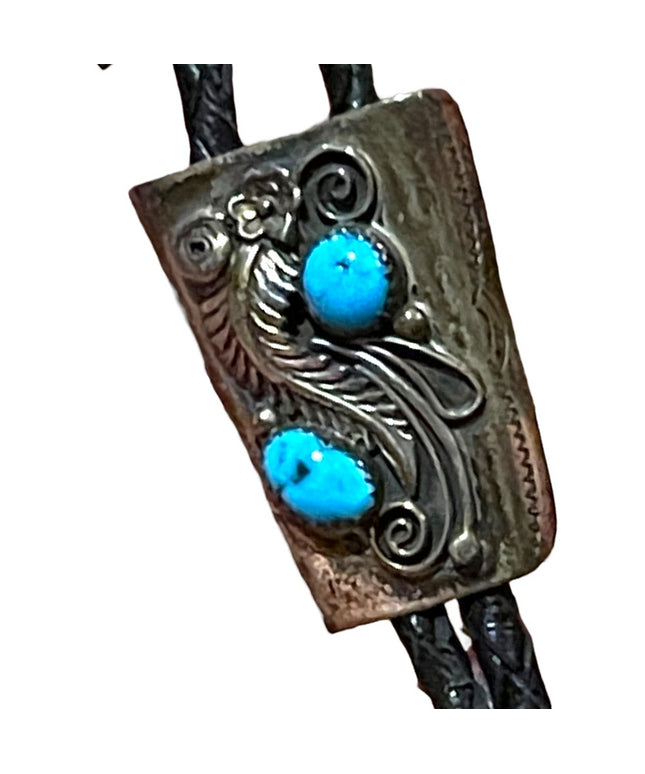 Vintage 1950s Sterling silver Turquoise Signed Navajo Bolo Tie Hand made