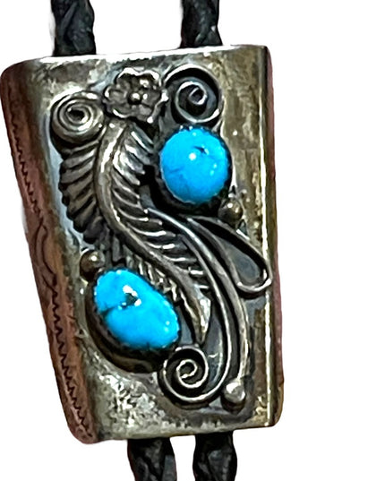 Vintage 1950s Sterling silver Turquoise Signed Navajo Bolo Tie Hand made
