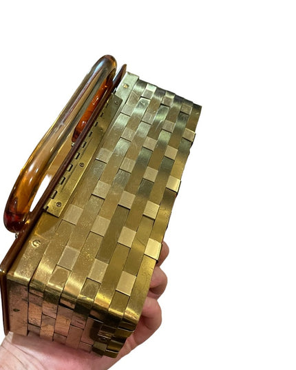 Vintage 1950s Dorset Rex Fifth Ave Metal mesh gold finish acrylic box purse